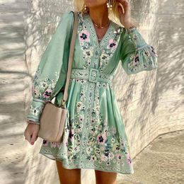 Casual Dresses 2023 Bohemian Vintage Dress Women Floral Print Long Sleeve Belt Mini Party Elegant V Neck Button Up Shirts