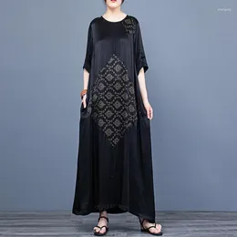 Party Dresses 2023 Black Print Natural Silk Maxi Dress Summer Elegant Loose Plus Size Women Korean Vintage Casaul Q746