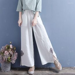Women's Pants Literature And Art Retro Loose Jacquard Wide Leg Embroidery Button Solid Color Casual Crop