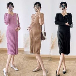 Maternity Dresses 5905# 2022 Autumn Winter Knitted Maternity Long Sweaters Elegant A Line Slim Dress Clothes for Pregnant Women Chic Ins Pregnancy HKD230808