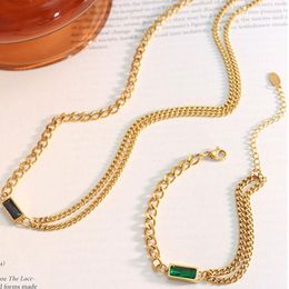 Necklace Earrings Set Baguette Green Stone Layered Cuban Bracelet Dainty Gold Plated Link Chain Choker And For Women