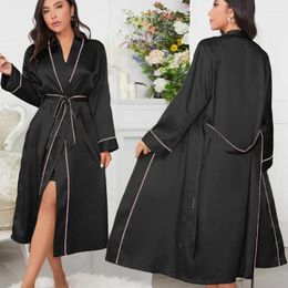 Women's Sleepwear Women Long Robe Satin Sleeve Kimono Bathrobes Gown V-Neck Loose Sleepdress Solid Color Nightgown With Belt Rayon