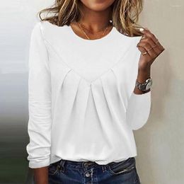 Women's Blouses Lady Fall Top Round Neck Pleated Solid Colour Simple Style Women T-shirt Loose Pullover Soft Commute Blouse