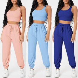 Women's Two Piece Pants Ladies Crop Tank Top Joggers Set Crew Neck Cotton Vest Shirt Long Elastic Waist Sleeveless Solid Color Daily Outfit