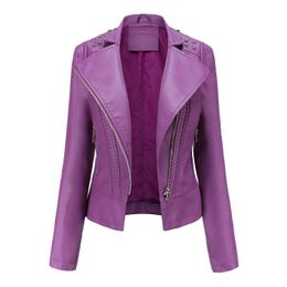 Women's Leather Faux Motorcycle Moto Biker Zipper Jacket Ladies Pink Black Purple Coat Fashion Spring Autumn Rivet Women HKD230808