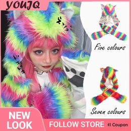 Beanie Skull Caps Y2K Millennial tie Japanese Harajuku Rainbow Fur Faux Hooded Cat Ear Scarf Gloves Chapeus Feminino Gorros Invierno 230808