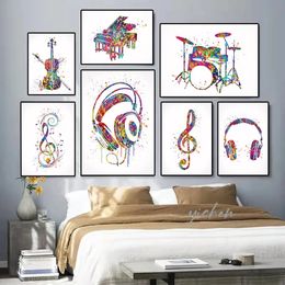 Canvas Painting Music Equipment Print Music Watercolour Notation Posters Art Vintage Cuadros Wall Art for Home Living Music Room Decor Gift Wo6