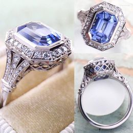 Wedding Rings Temperament Elegant Blue CZ For Lady Bands Luxury Sparkling Anniversary Gift Statement Jewellery 2023