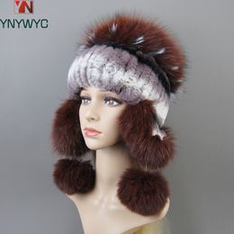 Beanie/Skull Caps Elastic Knitted Rex Rabbit Fur Beanies Handmade Real Fur Hat with Fox Fur Ears Genuine Fur Snow Cap Bonnets for Women Designer 230807