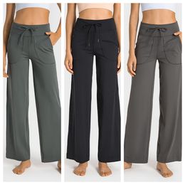 Wide leg, high waist, spring and summer slim fitting, straight tube, wide leg pants, anti roll yoga pants pocket