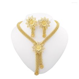 Necklace Earrings Set Gold Plated Jewelry Luxury Pendant For Women Flower Shape Anniversary Gift