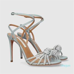 Luxury Design Sandals Shoes For Women Crystal-encrusted Knotted Leather High Heels PVC Round Toe Pumps Party Wedding
