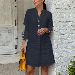 Casual Dresses Lady V-neck Cotton Linen A-line Dress Sexy Hollow Out 3/4 Sleeve Office Simple Solid Button Loose Mini Mujer