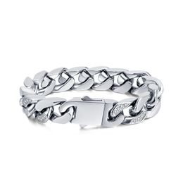 Women CNC Inlay Crystals Bracelet Stainless Steel Cuban Chain High Quality Silver 13mm 7.87'' 62g weight