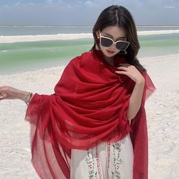 Scarves 2023 Women Summer Sun Protection Cotton Linen Scarf Big Shawl Luxury Lady Long Red Tassel Headscarf Soft Solid