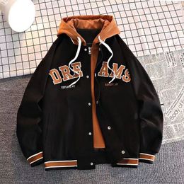 Men's Jackets American Hiphop Baseball Suit Fake Two-piece Fashion Versatile Hooded Sweatshirt Same Velvet Thermal Coat for Men and Women 230807