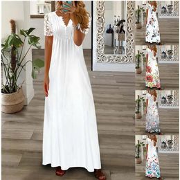 Party Dresses Elegant Women's Long 2023 Spring/Summer Fashion Lace Sleeve Panel Short V-Neck Dress Lady Robe S-5XL