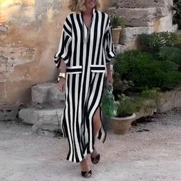 Casual Dresses Women Dress V-Neck 3/4 Sleeve Maxi Vertical Striped Print Long Side Split Hem Loose Fit Streetwear