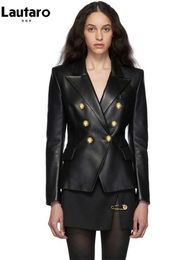 Women's Leather Faux Lautaro Spring Autumn Short Elegant Luxury Pu Blazer Women Long Sleeve Golden Buttons Double Breasted European Fashion HKD230808