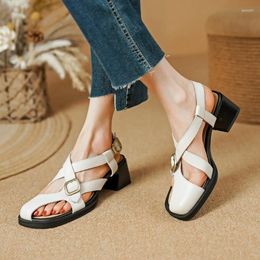 Sandals Summer Women Square Toe Chunky Heel Shoes Genuine Leather For Fashion Concise Mid-Heel Designer