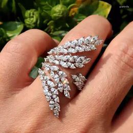 Cluster Rings Luxury Female White Leaf Crystal Ring Real 925 Sterling Silver Wedding For Women Charm Branches Open Engagement