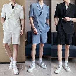 Men's Suits Latest Coat Pant Designs Casual Shorts Sets Summer Thin Korean Slim Trend Handsome Short Sleeved Suit Jacket Blazer Japan