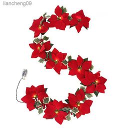 2m 10 LED Christmas Decorations Poinsettia Flowers Garland String Lights Xmas Tree Ornaments Christmas Indoor Outdoor Home Decor L230620