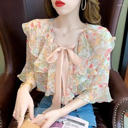 Women's Blouses Chiffon With Bow Shirts And Floral Top For Woman Ruffle Frill V Neck Clothing Youthful Collection 2023 Trend