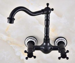 Kitchen Faucets Black Oil Rubbed Bronze Ceramic Base Wall Mounted Bathroom Sink Faucet Swivel Spout Mixer Tap Dual Cross Handles Anf851