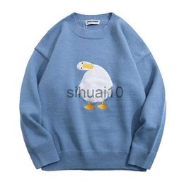 Men's Sweaters Harajuku Oversized Knitted Sweater Men Cartoon Duck Goose Embroidery Jumpers Japanese Fashion O-Neck Streetwear Couple Unisex J230808