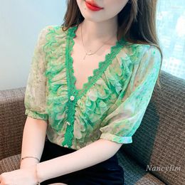 Women's Blouses 2023 Summer Machine Embroidery Green Chiffon Shirt Short-Sleeved Ruffled Temperament V-neck Blouse Top Femme