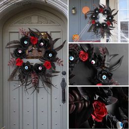 Hanging Faux Floral Wreath With Black And Red Roses Vines | Lighted Eyes | Gnomes Christmas Ornament Garland Christmas L230620