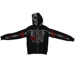 Men's Hoodies Sweatshirts Zip-up Hoodie Men Y2K Clothes Fashion Hoodies Cool Rhinestones Butterfly Skeleton Print Unisex Sweatshirt Zipper Tops Coats 230807