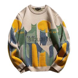 Men's Sweaters Japanese Harajuku Knitted Sweater Men Women Cartoon Full Cat Print Pullover Vintage Causal Loose Sweaters Streetwear Autumn J230808