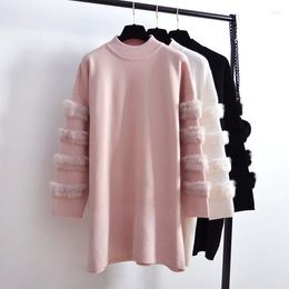 Casual Dresses Fashion Real Fur Sweater Dress Autumn Long Sleeve Splice Jumpers Women Sweaters Knitted Loose Clothing