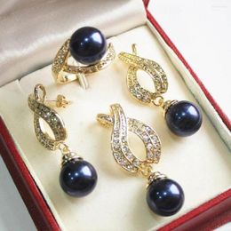 Necklace Earrings Set Gift 18KGP 12mm Black Shell Pearl Pendant Earrins And Ring(7-10#)sets For Lady