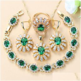Earrings Necklace Set Africa Bridal Costume Yellow Gold Colour Big For Women Green Zircon Dangle Earrings/Necklace/Bracelet Dhgarden Dh0Bw