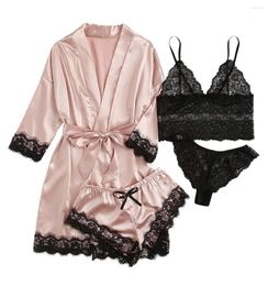 Women's Sleepwear Sexy Pyjamas Underwear 4pcs Lace Satin Pyjama Sets With Robe Faux Silk Luxury Nightwear For Women