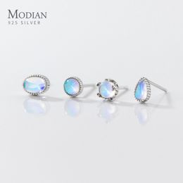 Stud Modian 925 Sterling Silver Round Drop Oval Shape Exquisite Earrings for Women Fine Jewellery Simple MoonStone Anniversary 230807