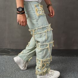 Men's Jeans Y2K Men's Denim Pants Streetwear Fashion Ripped Patchwork Hollow Out Jeans Men Fall Vintage Style Loose Straight Jean Trousers 230807