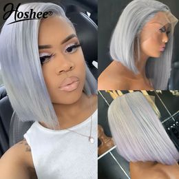 13x4 Silver Grey Short Bob Human Hair Wigs For Women Brazilian HD Transparent Straight Glueless Synthetic Lace Frontal Wig