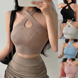 Yoga Outfit Y2K Sexy Cross Vest Crop Tops Women Sports T-shirt Knitted Off Shoulder V-Neck Solid Backless Tank Halter Top Camisole