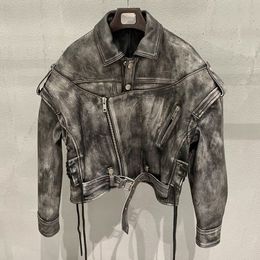 Womens Leather Faux Fashion Moto Jacket Vintage Sheepskin Coat Lady Biker Jackets Distressed Detachable Sleeve QG5466 230808