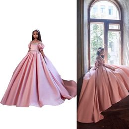 2021 Lovely Pink Flower Girl Dresses For Weddings Jewel Neck Crystal Beads Short Sleeves With Bow Satin Girls Pageant Dress Kids C226o