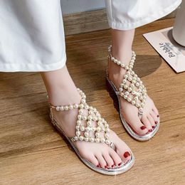 Sandals 2023 Women's Summer Flat Bottom Rhinestone Fashion Pearl