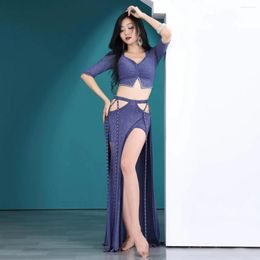 Stage Wear Sexy Women Bellydance Costume Oriental Dance Performance Show Clothes French Ruffle Sleeve Side Slit Long Skirt Shine Water Yarn
