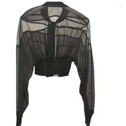 Women's Blouses 2023 Mesh Spliced Standing Neck Thread Waist Wrapped Long Sleeve Coat Summer Thin Micro Short Jacket