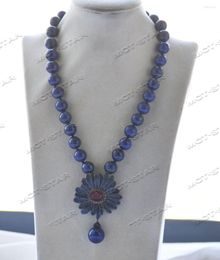 Pendant Necklaces Z12356 19'' 16mm Blue Round Lapis Lazuli Necklace Sapphire CZ Flower