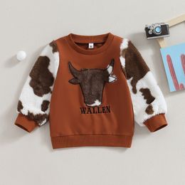 T shirts FOCUSNORM 1 6Y Autumn Kids Boys Sweatshirt T Shirts Fur Patchwork Long Sleeve Embroidery Cow Head Letters Pullover Tops 230808