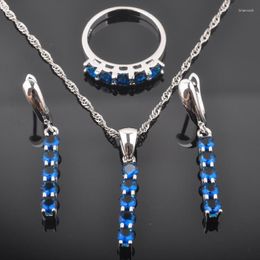 Necklace Earrings Set FAHOYO 2023 Band Blue Zirconia Women's Silver Colour Earrings/Pendant/Necklace/Rings QZ0405
